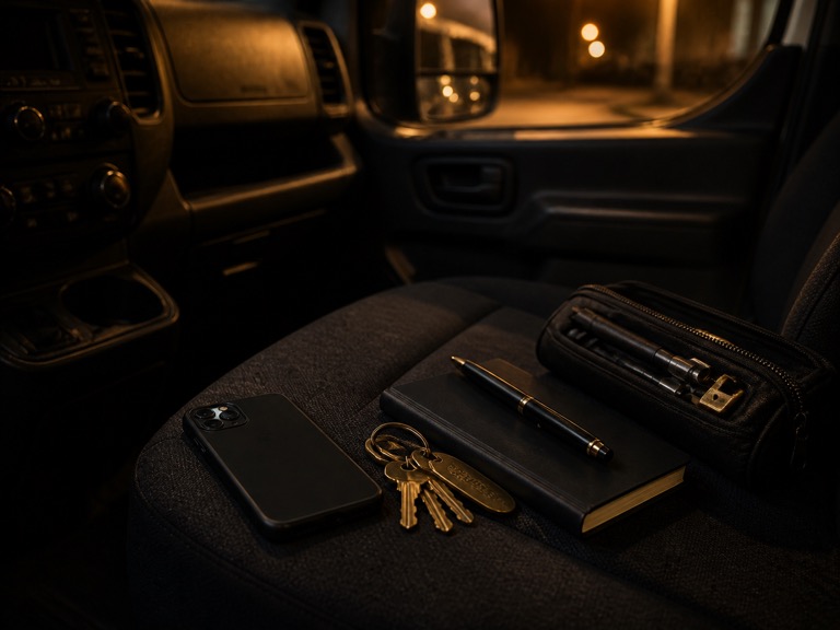 A phone, building keys, notebook, pen, and tool pouch staged on the passenger seat of a service truck.