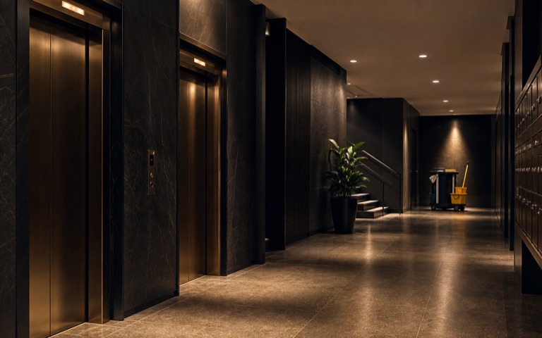 An apartment building corridor with stairwell access prepared for common-area cleaning.
