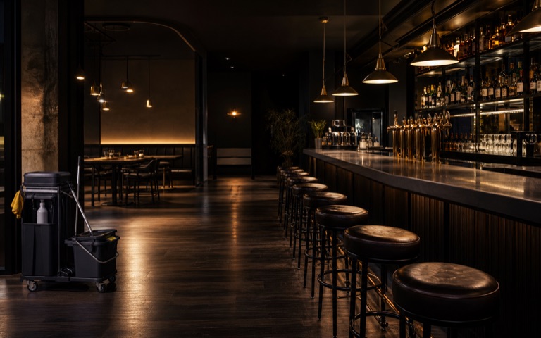 A restaurant bar after closing with cleaning equipment staged beside polished floors.