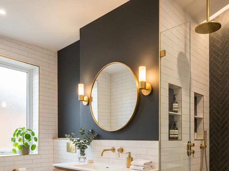 A finished bathroom renovation: arched mirrors, twin vessel sinks, brass fixtures.