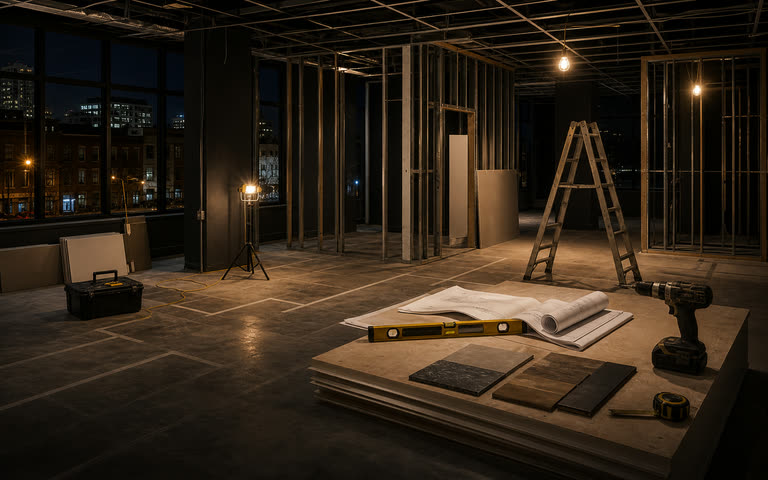A commercial renovation space after hours with metal framing, a ladder, plans, tools, and warm temporary lighting.