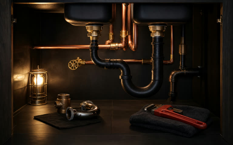 An under-sink plumbing repair with copper pipes, black drain lines, valves, tools, and warm task lighting.