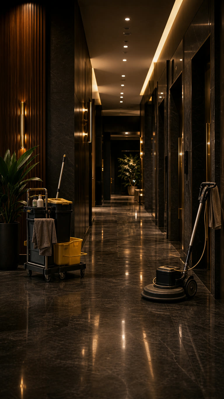 A God’s Sons cleaning crew at work in a building corridor at evening.