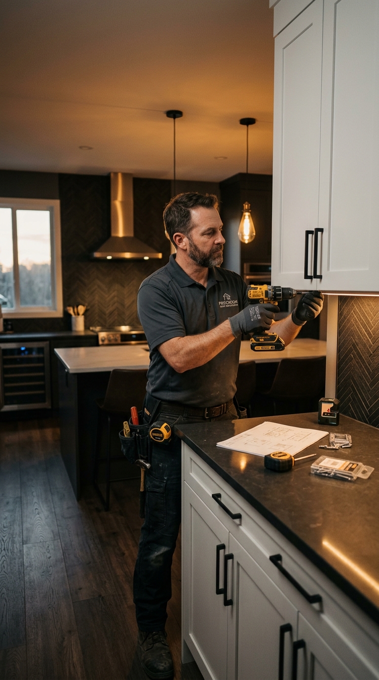 A contractor installing custom cabinetry in a warm-toned kitchen renovation.