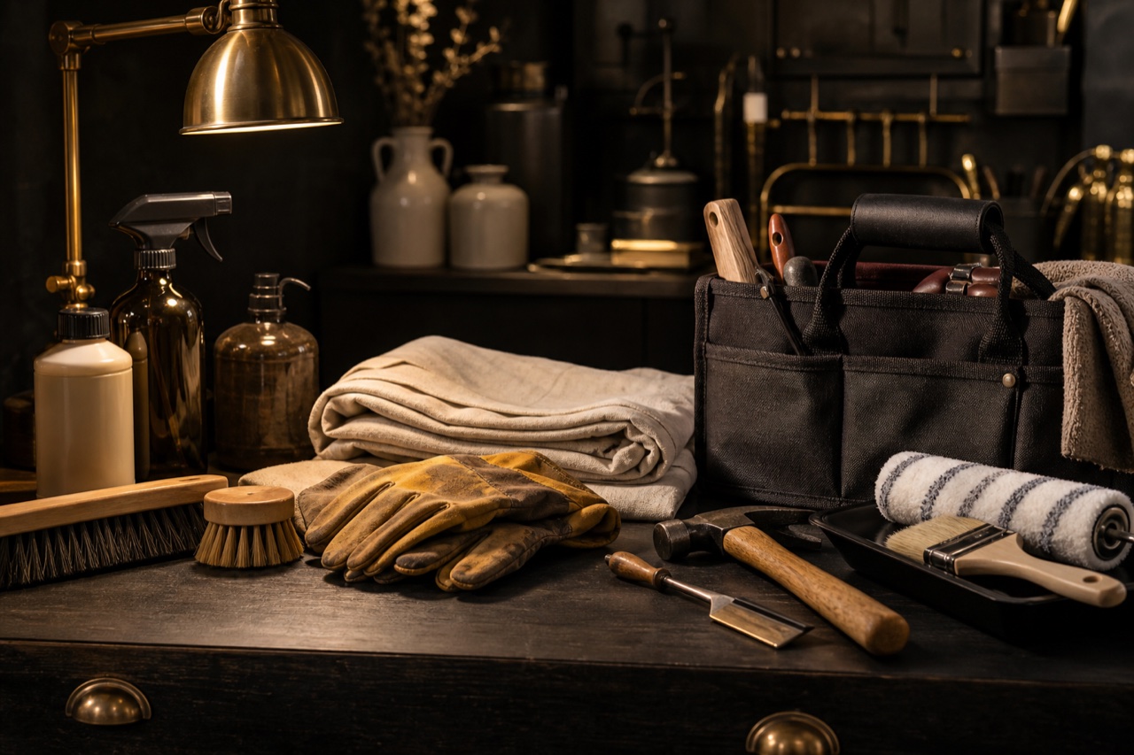 Cleaning supplies, work gloves, and hand tools arranged on a dark workshop surface.