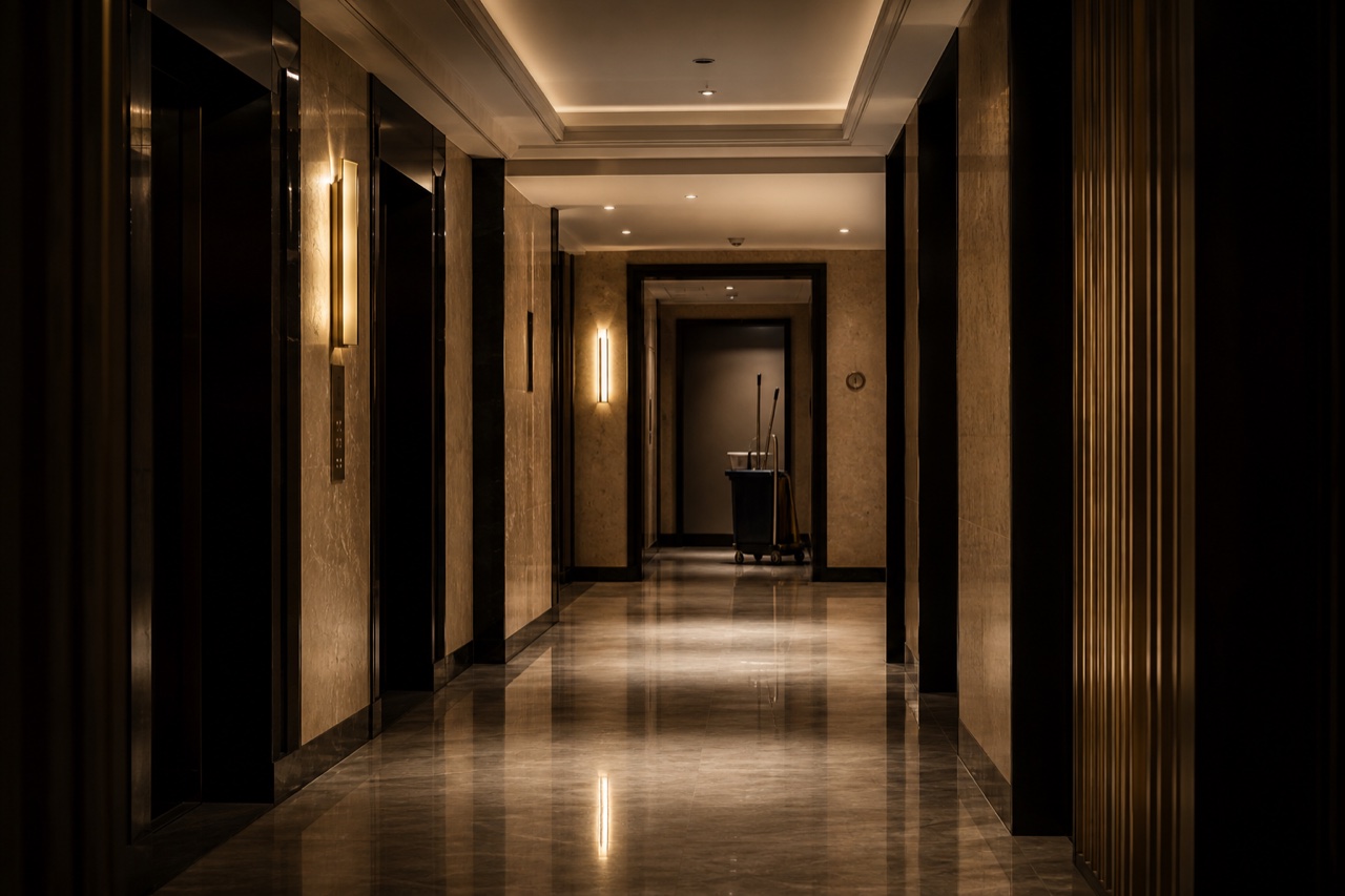A polished apartment building corridor with professional cleaning equipment staged after hours.